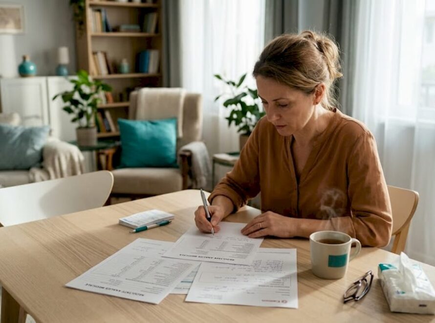 O femeie consultă rezultatele analizelor medicale așezată la o masă bine luminată.