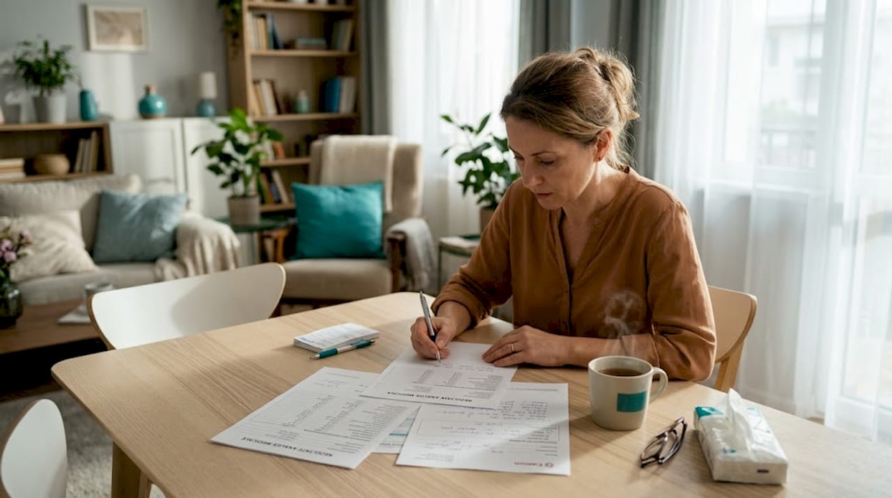 O femeie consultă rezultatele analizelor medicale așezată la o masă bine luminată.