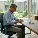 Pacientul completează formularul de înscriere pentru consultația la urologie.