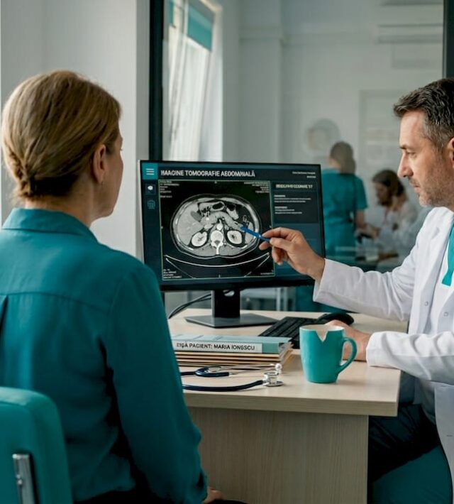 Discuție între pacient și medic în cadrul unei consultații de gastroenterologie