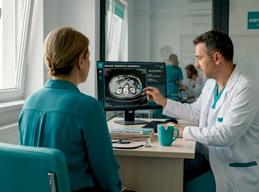 Discuție între pacient și medic în cadrul unei consultații de gastroenterologie