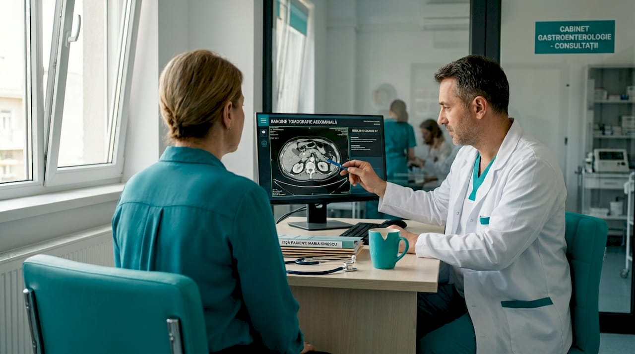 Discuție între pacient și medic în cadrul unei consultații de gastroenterologie