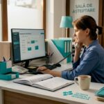 Recepționera se ocupă de programările pacienților la ghișeul clinicii.