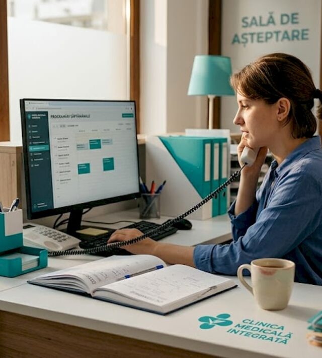 Recepționera se ocupă de programările pacienților la ghișeul clinicii.