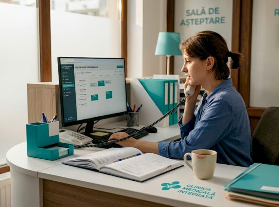 Recepționera se ocupă de programările pacienților la ghișeul clinicii.