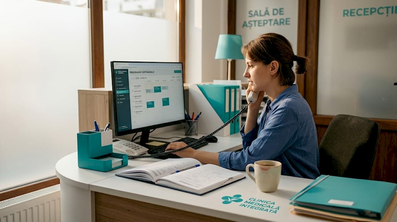 Recepționera se ocupă de programările pacienților la ghișeul clinicii.