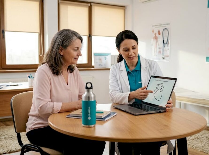 Femeie la control cardiologic pentru evaluarea sănătății inimii în perioada menopauzei