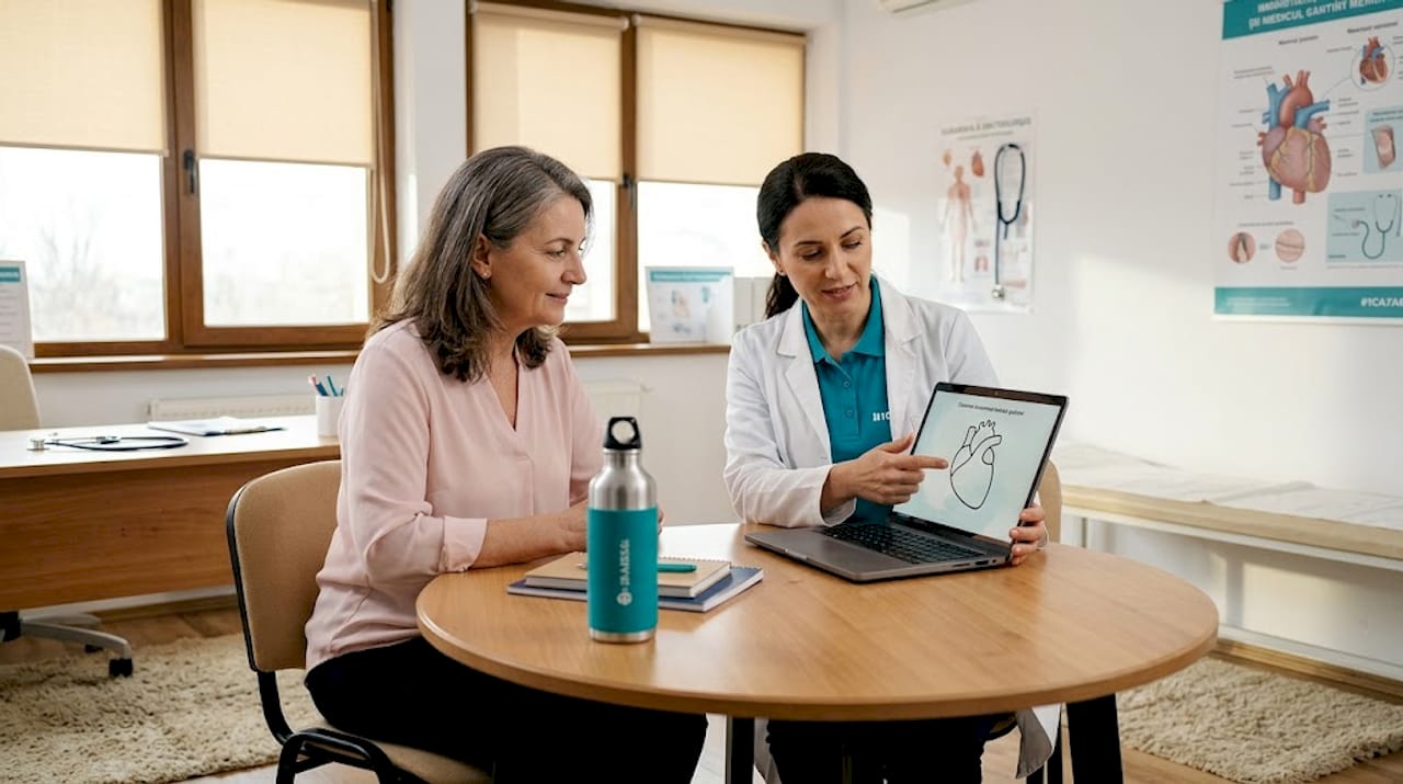 Femeie la control cardiologic pentru evaluarea sănătății inimii în perioada menopauzei