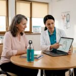 Femeie la control cardiologic pentru evaluarea sănătății inimii în perioada menopauzei