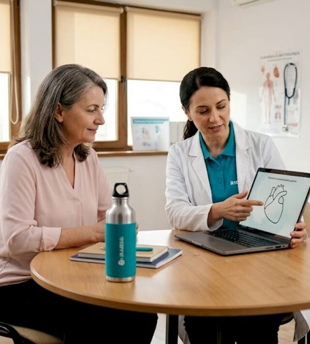 Femeie la control cardiologic pentru evaluarea sănătății inimii în perioada menopauzei