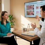 Discuție cu pacienta despre necesitatea unei biopsii dermatologice
