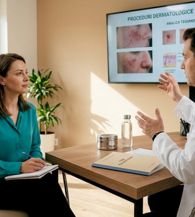 Discuție cu pacienta despre necesitatea unei biopsii dermatologice