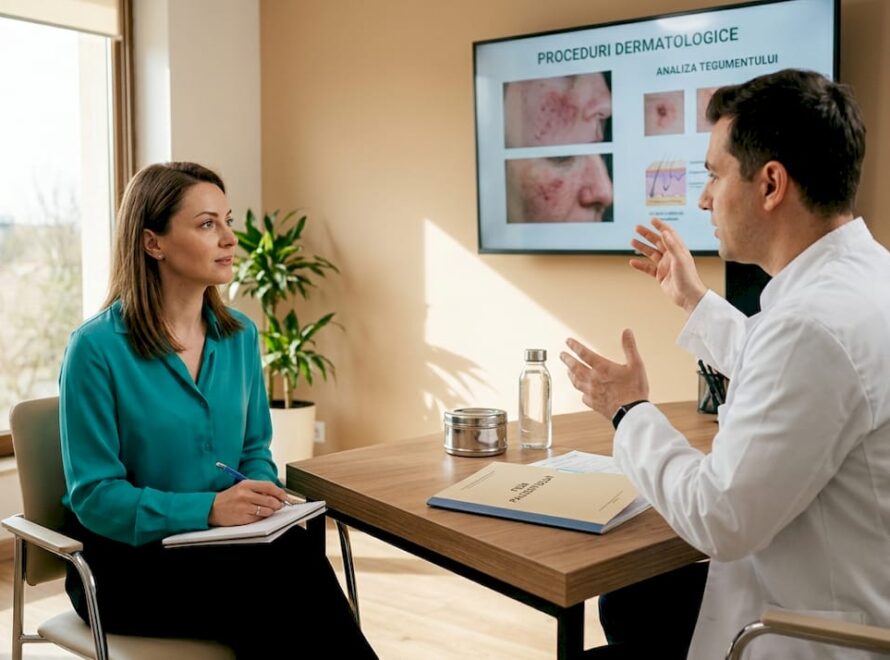 Discuție cu pacienta despre necesitatea unei biopsii dermatologice