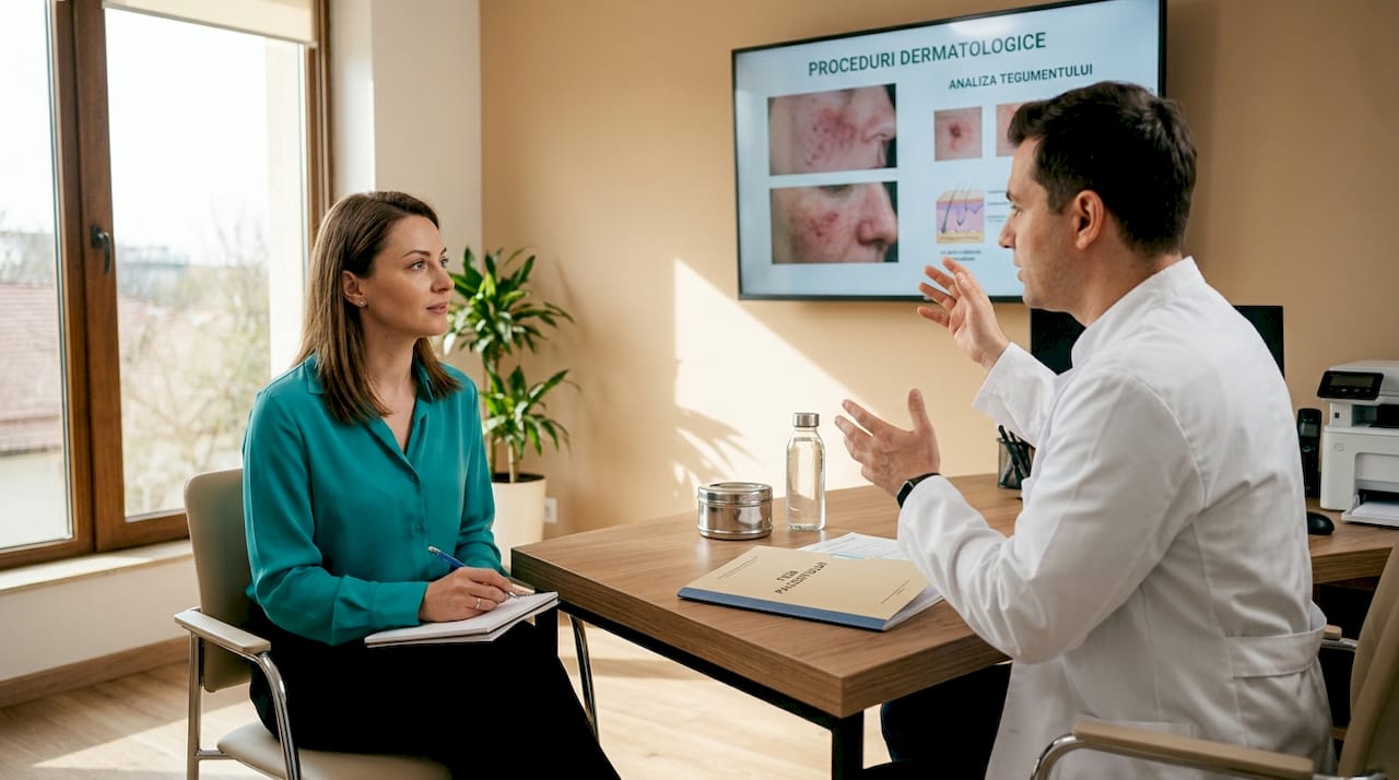 Discuție cu pacienta despre necesitatea unei biopsii dermatologice