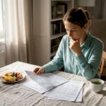 O femeie stă la masa din bucătărie, răsfoind cu grijă rezultatele analizelor medicale.