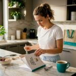 O femeie răsfoiește sfaturi despre alimentație sănătoasă chiar în bucătărie.