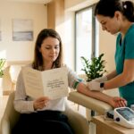 O femeie discută rezultatele analizelor de sânge cu medicul, în cadrul unei consultații la cabinet.