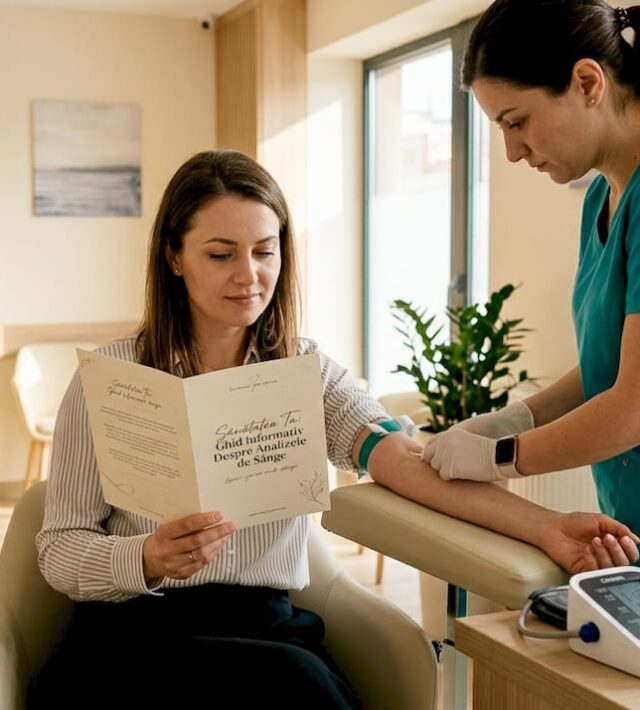 O femeie discută rezultatele analizelor de sânge cu medicul, în cadrul unei consultații la cabinet.