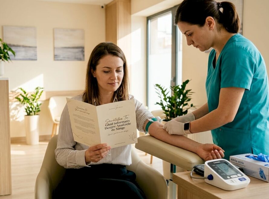 O femeie discută rezultatele analizelor de sânge cu medicul, în cadrul unei consultații la cabinet.