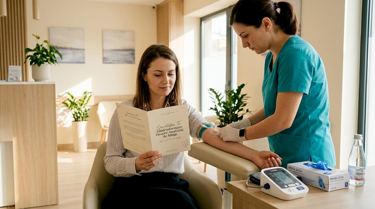 O femeie discută rezultatele analizelor de sânge cu medicul, în cadrul unei consultații la cabinet.
