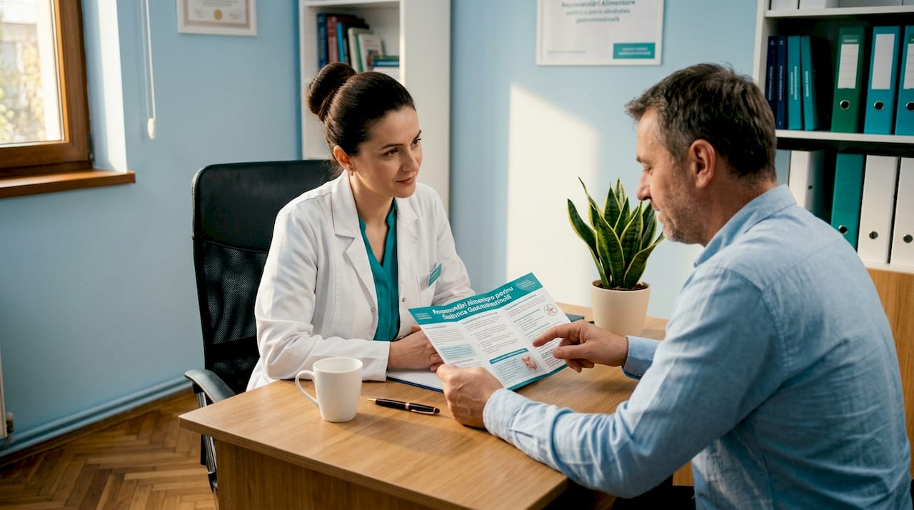 Medicul discută cu pacientul despre prevenirea problemelor digestive
