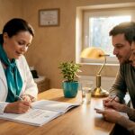 Un medic specialist în fertilitate discută cu un cuplu în cadrul unei consultații la clinică.