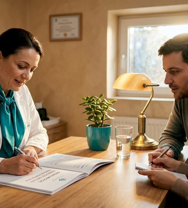 Un medic specialist în fertilitate discută cu un cuplu în cadrul unei consultații la clinică.