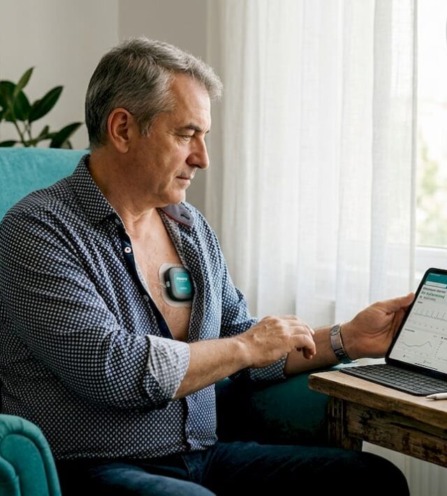 Un bărbat analizează acasă datele monitorizării cardiace
