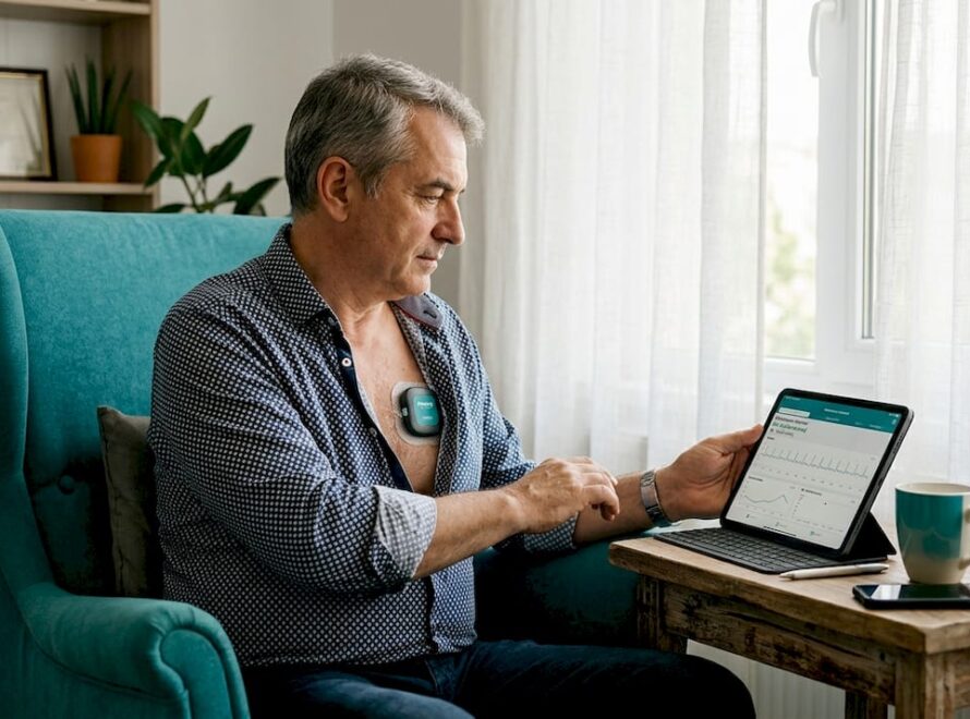 Un bărbat analizează acasă datele monitorizării cardiace