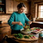 O femeie pregătește o salată fresh și plină de vitamine în propria bucătărie, alegând ingrediente proaspete pentru un prânz sănătos.