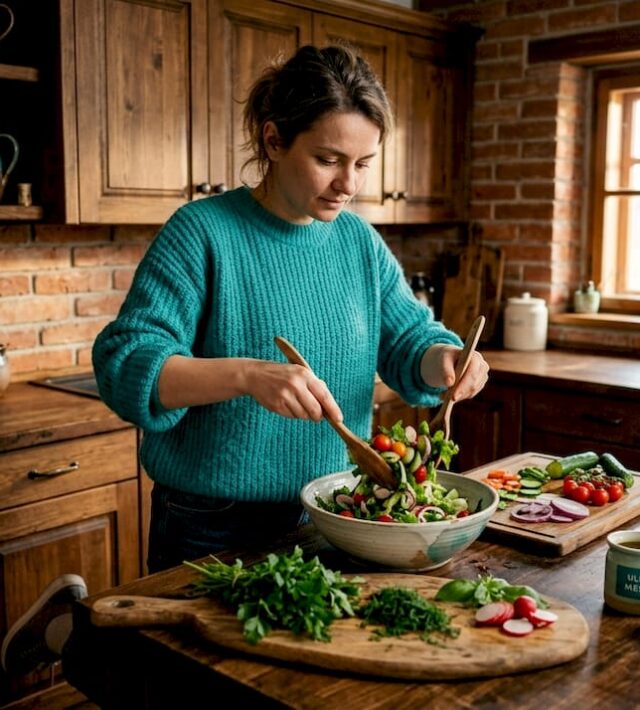 O femeie pregătește o salată fresh și plină de vitamine în propria bucătărie, alegând ingrediente proaspete pentru un prânz sănătos.