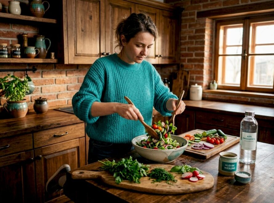 O femeie pregătește o salată fresh și plină de vitamine în propria bucătărie, alegând ingrediente proaspete pentru un prânz sănătos.