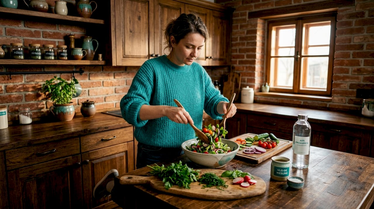 O femeie pregătește o salată fresh și plină de vitamine în propria bucătărie, alegând ingrediente proaspete pentru un prânz sănătos.