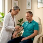 Medicul dermatolog verifică atent pielea pacientului în cabinet.