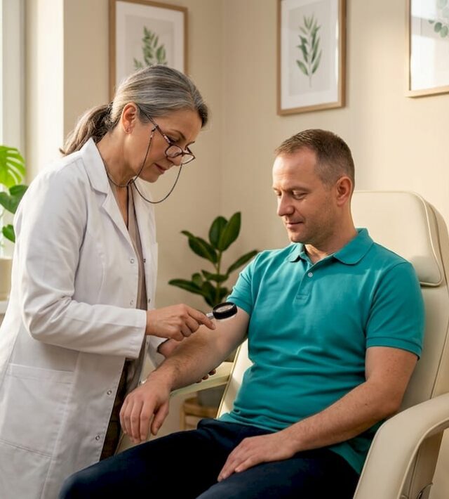 Medicul dermatolog verifică atent pielea pacientului în cabinet.