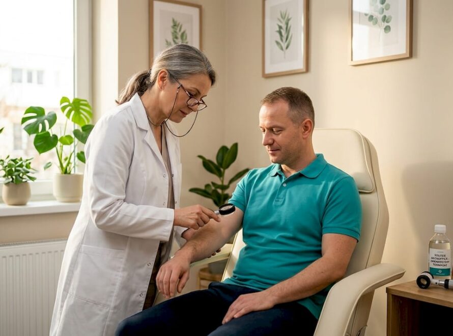 Medicul dermatolog verifică atent pielea pacientului în cabinet.