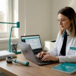 Dermatologul introduce datele pacientului în fișa medicală, la birou.