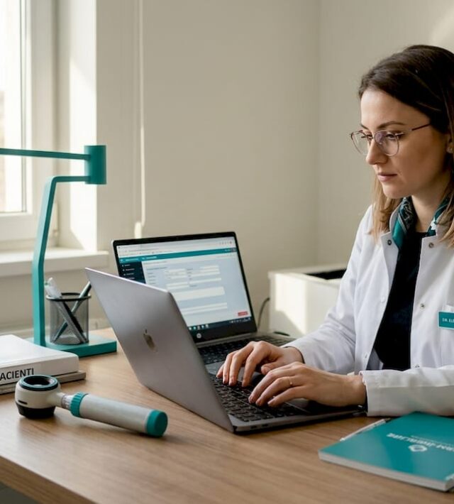 Dermatologul introduce datele pacientului în fișa medicală, la birou.