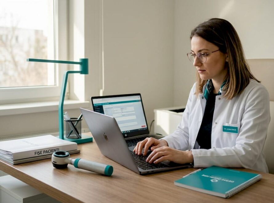 Dermatologul introduce datele pacientului în fișa medicală, la birou.