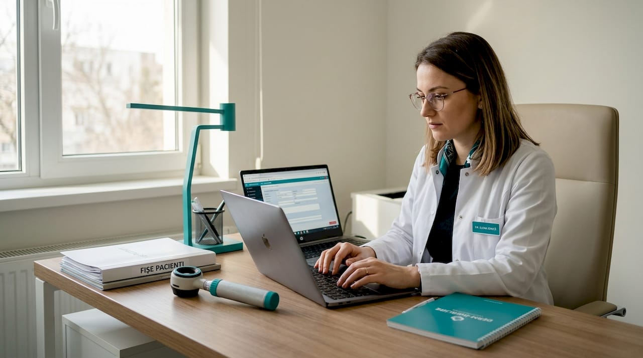 Dermatologul introduce datele pacientului în fișa medicală, la birou.