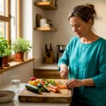 O femeie gătește o masă sănătoasă în bucătărie, alegând cu grijă ingredientele pentru a pregăti ceva gustos și echilibrat.