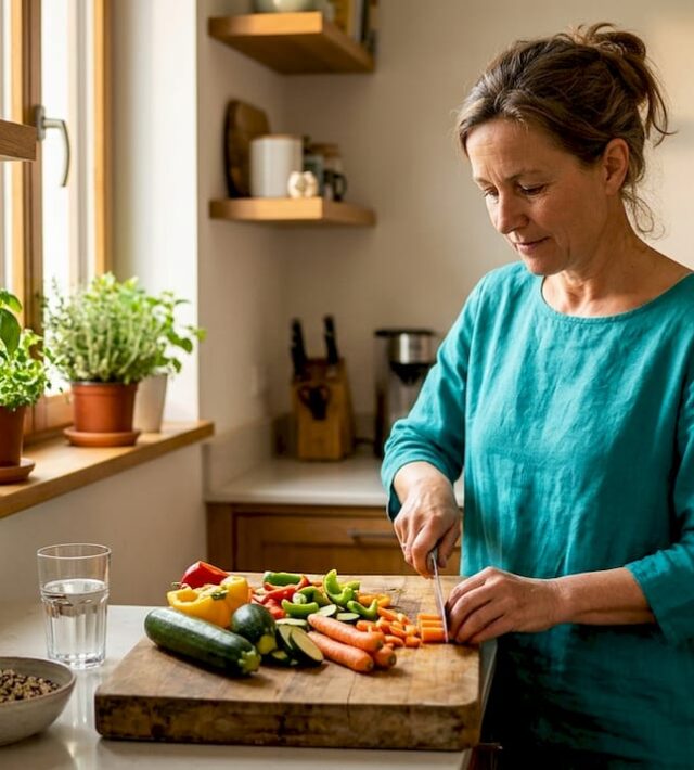 O femeie gătește o masă sănătoasă în bucătărie, alegând cu grijă ingredientele pentru a pregăti ceva gustos și echilibrat.