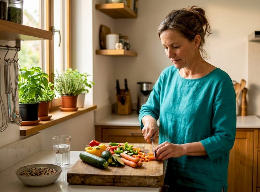 O femeie gătește o masă sănătoasă în bucătărie, alegând cu grijă ingredientele pentru a pregăti ceva gustos și echilibrat.