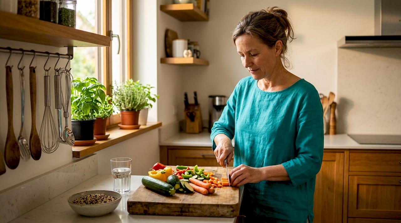 O femeie gătește o masă sănătoasă în bucătărie, alegând cu grijă ingredientele pentru a pregăti ceva gustos și echilibrat.