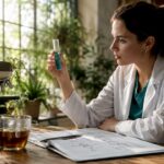O cercetătoare studiază enzimele digestive într-un laborator, analizând cu atenție modul în care acestea funcționează.