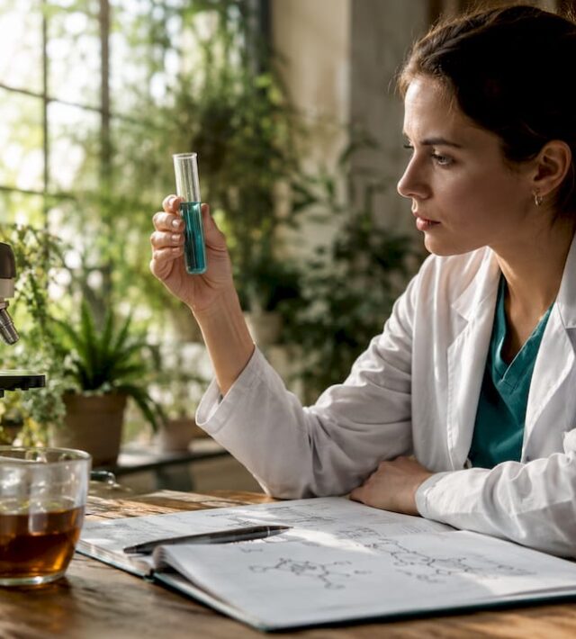 O cercetătoare studiază enzimele digestive într-un laborator, analizând cu atenție modul în care acestea funcționează.