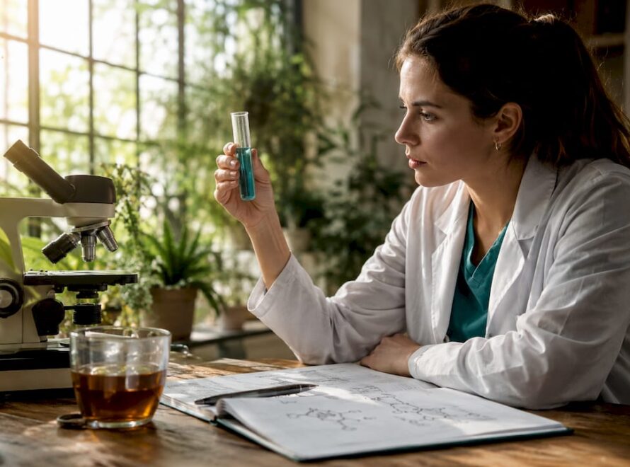 O cercetătoare studiază enzimele digestive într-un laborator, analizând cu atenție modul în care acestea funcționează.