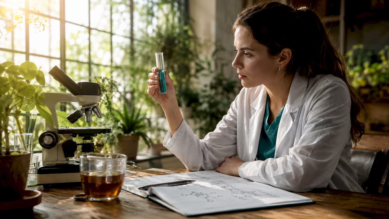 O cercetătoare studiază enzimele digestive într-un laborator, analizând cu atenție modul în care acestea funcționează.