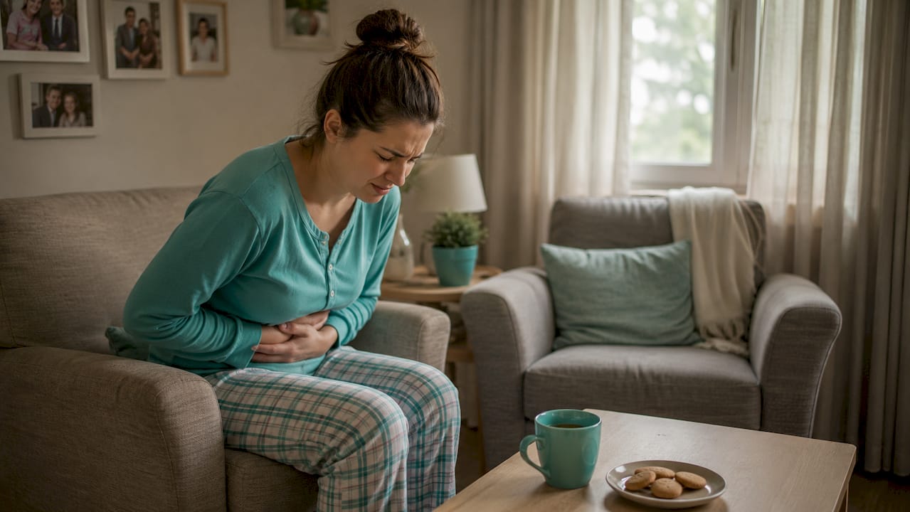 O femeie se confruntă cu senzația de arsură la stomac, chiar în confortul propriei locuințe.