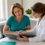 O femeie poartă o discuție cu medicul ei despre opțiunile de screening și monitorizare în perioada menopauzei.